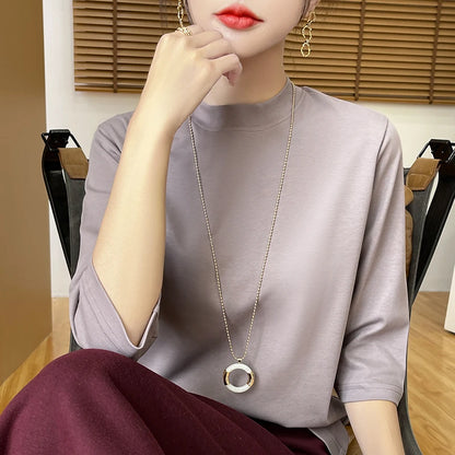 Cotton Cropped T-Shirt - Women's Semi-High Neck Loose Fit Three Quarter Sleeve Top
