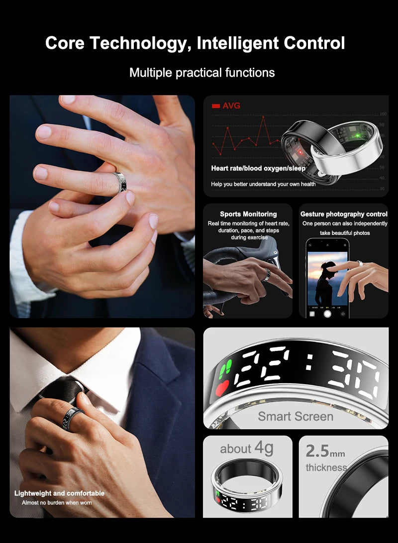Fitness Sleep Smart Ring LED Display Screen Heart Rate Blood Oxygen Monitoring Outdoor Sports Modes IP68 & 5ATM Waterproof Ring