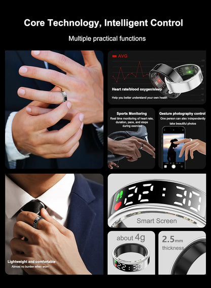 Fitness Sleep Smart Ring LED Display Screen Heart Rate Blood Oxygen Monitoring Outdoor Sports Modes IP68 & 5ATM Waterproof Ring