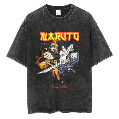 Japanese Anime Naruto Vintage Tshirt Harajuku Streetwear Men Washed T-Shirt Cotton Tops Fashion Summer Short Sleeve Tees Shirts
