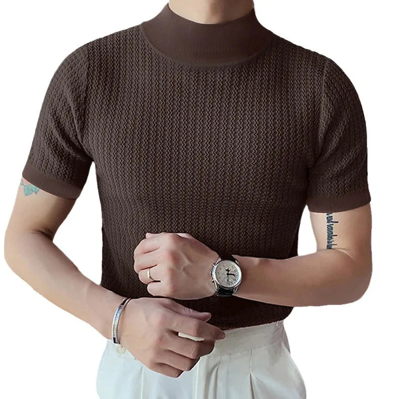Men's High Neck T-Shirt – Casual Summer Knitted Base Tee | Breathable Polyester Top