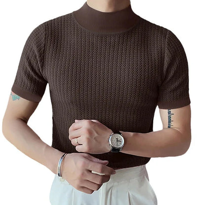 Men's High Neck T-Shirt – Casual Summer Knitted Base Tee | Breathable Polyester Top
