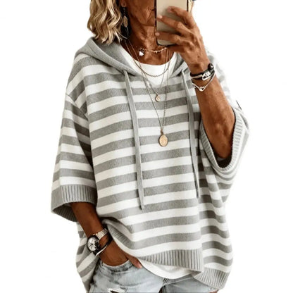 Hooded Pullover Top Women’s Hooded Striped Knit Sweater Loose Half Sleeve Pullover Autumn Winter Drawstring Hoodie for Comfort