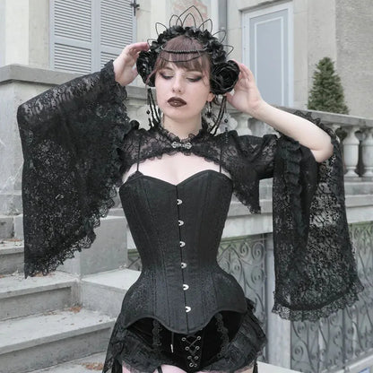 Lace Mall Gothic See Through Shrug Tops Grunge Aesthetic Black Flare Sleeve Crop Top Women Vintage Punk Sexy Clothing