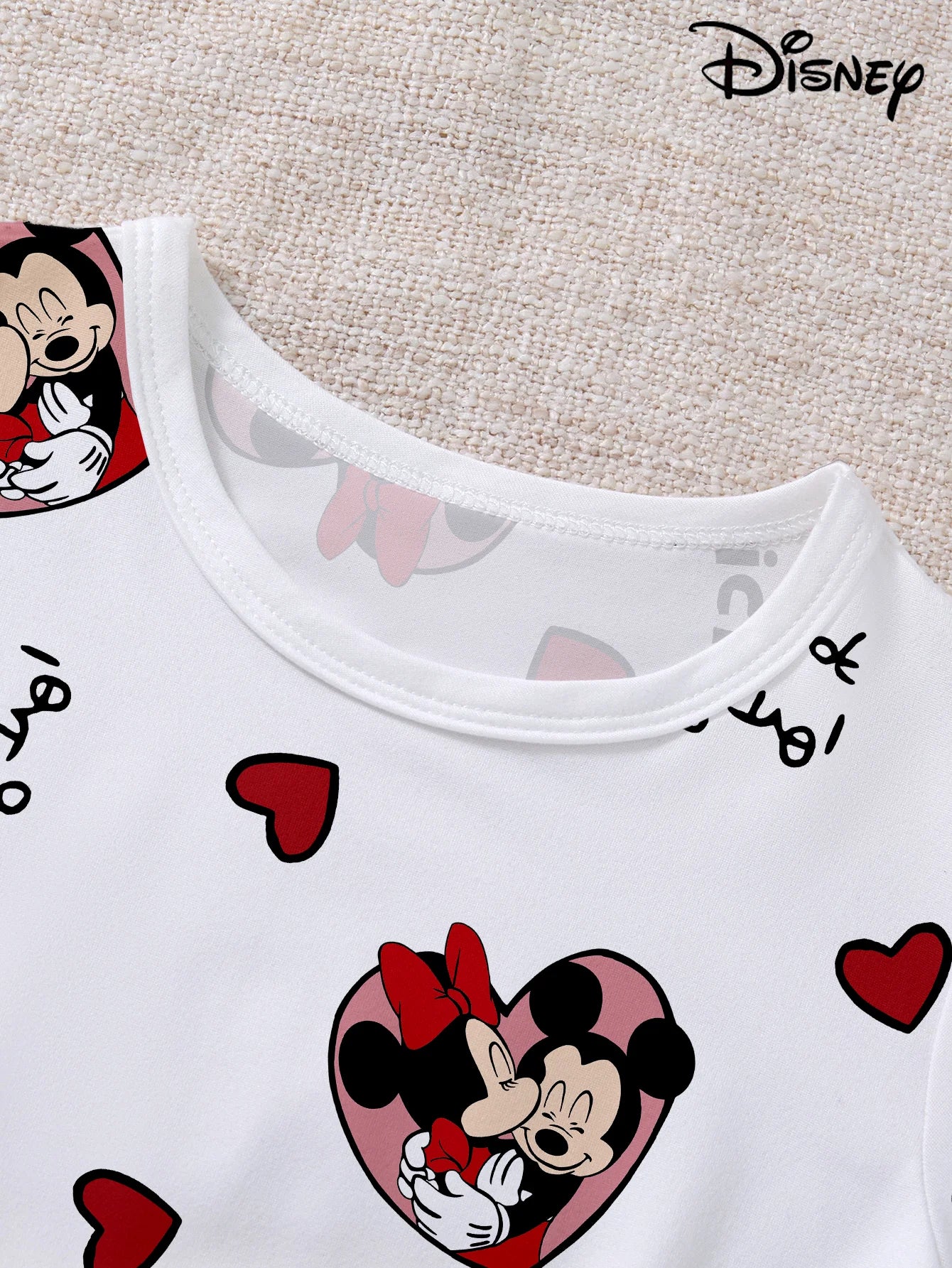 Women's 2-piece set of Disney Mickey and Minnie Cute Cartoon Love Pattern Pajamas Home Clothes Short sleeved Top+Stretch Shorts