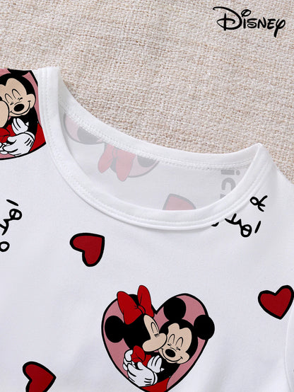 Women's 2-piece set of Disney Mickey and Minnie Cute Cartoon Love Pattern Pajamas Home Clothes Short sleeved Top+Stretch Shorts