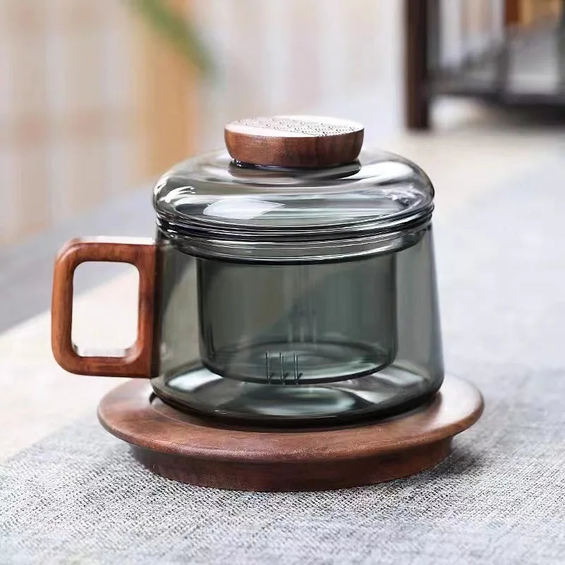 Heat Resistant Glass Tea Infuser Cup - 200ml Teacup with Wood Handle and Filter for Kung Fu Tea Set - ZOOMNSTORE