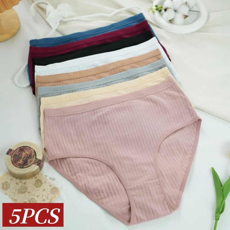 5Pcs/Set High Rise Panties Women Cotton Briefs Sexy Lingerie Ribbed Basic Daily Underwear Soft Stretch Ladies Intimates S-XXL