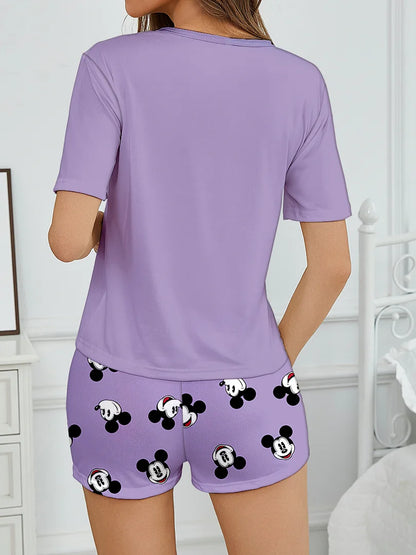 Women's 2-piece Mickey Cute Cartoon Pattern Short sleeved Top and Shorts Sleepwear Home Clothes