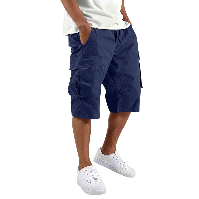 2026 Summer men loose straight pants Casual multi-pocket Shorts pure color fashion Men Shorts drawstring daily cargo short pants