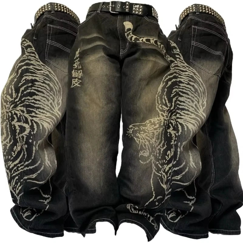 Y2K Vintage Baggy Fallen Knight Cherry Blossom Embroidery Jeans Men Women Fashion Straight Wide-leg Denim Pants Streetwear Jean