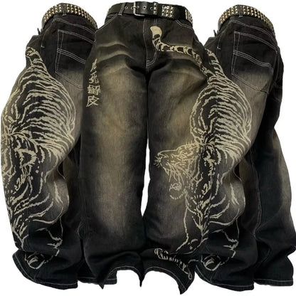 Y2K Vintage Baggy Fallen Knight Cherry Blossom Embroidery Jeans Men Women Fashion Straight Wide-leg Denim Pants Streetwear Jean