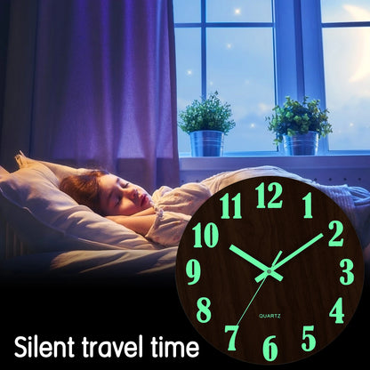Luminous 12 Inch Silent Wall Clock - Nordic Wood Design with Night Light