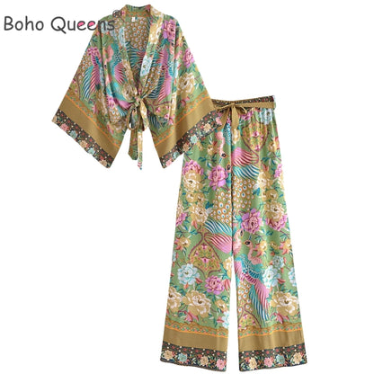 Boho Queens Women Peacock Floral Print Outfits Short Kimono Robe Bohemian Suits Wide Leg Pants 2 Pieces Rayon Boho Sets Swimsuit