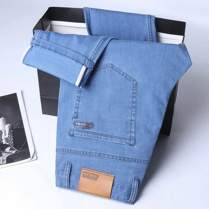 Mens Lightweight Blue Denim Jeans - Stretch Cotton Straight Pants for SpringSummer Casual Wear - ZOOMNSTORE