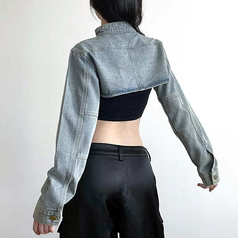 Women Fashion Denim Jacket Y2K Aesthetic Vintage Sexy Crop Tops Coat Japanese Harajuku Streetwear Female Spring Summer Outerwear