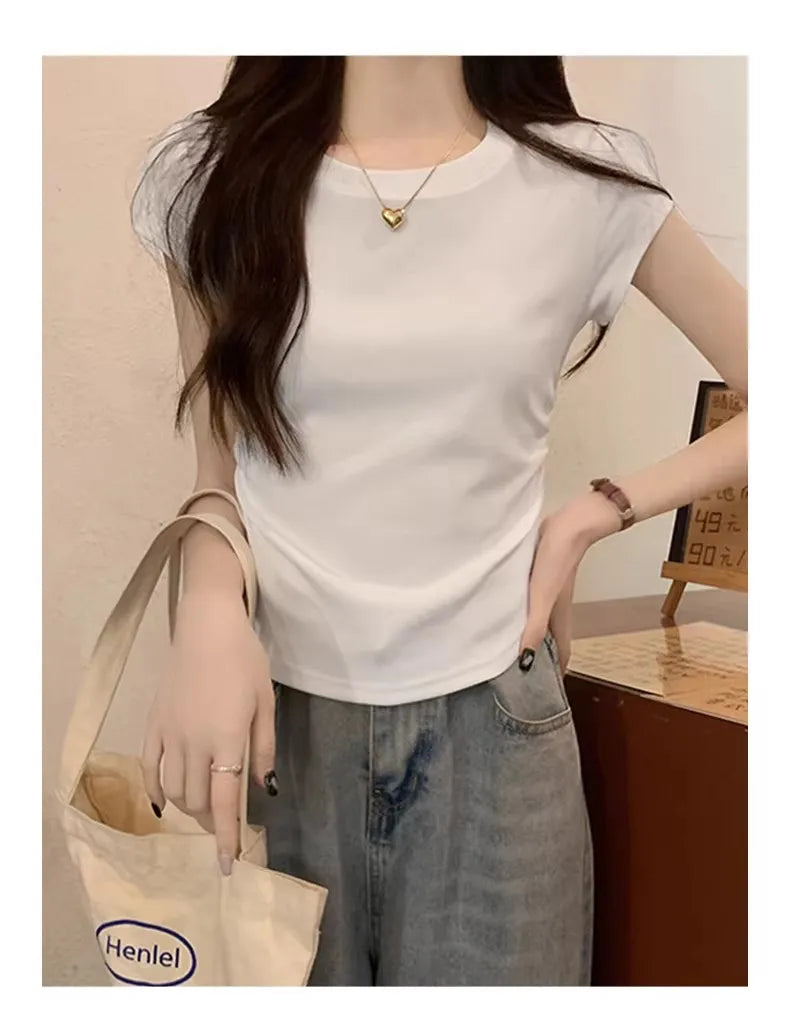 Women's Basic Solid Crop Top Short Sleeve Crewneck Skinny T-shirt Summer Casual Y2K Vintage Harajuku Streetwear