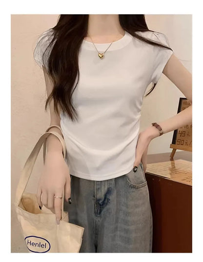 Women's Basic Solid Crop Top Short Sleeve Crewneck Skinny T-shirt Summer Casual Y2K Vintage Harajuku Streetwear