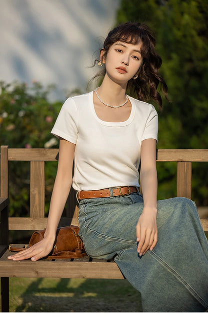 Women's Square-Neck T-Shirt – Elegant Cotton Short-Sleeve Top