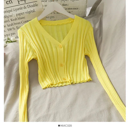 Women's Acrylic Long Sleeve V-Neck Button-Down Slim Cropped Ribbed Knit Cardigan Thin Solid Stretch Crop Top Knitwear