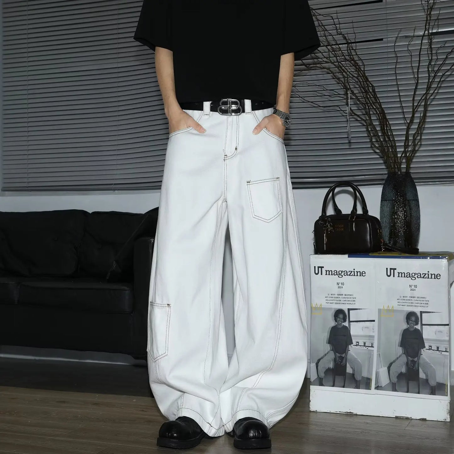 Y2K Men's Jeans White High-Waisted Wide-Leg Denim Pants Retro Baggy Style Fashion Loose Fit Casual Denim Trousers Streetwear