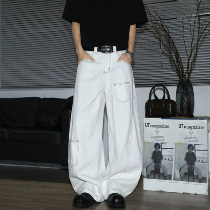 Y2K Men's Jeans White High-Waisted Wide-Leg Denim Pants Retro Baggy Style Fashion Loose Fit Casual Denim Trousers Streetwear