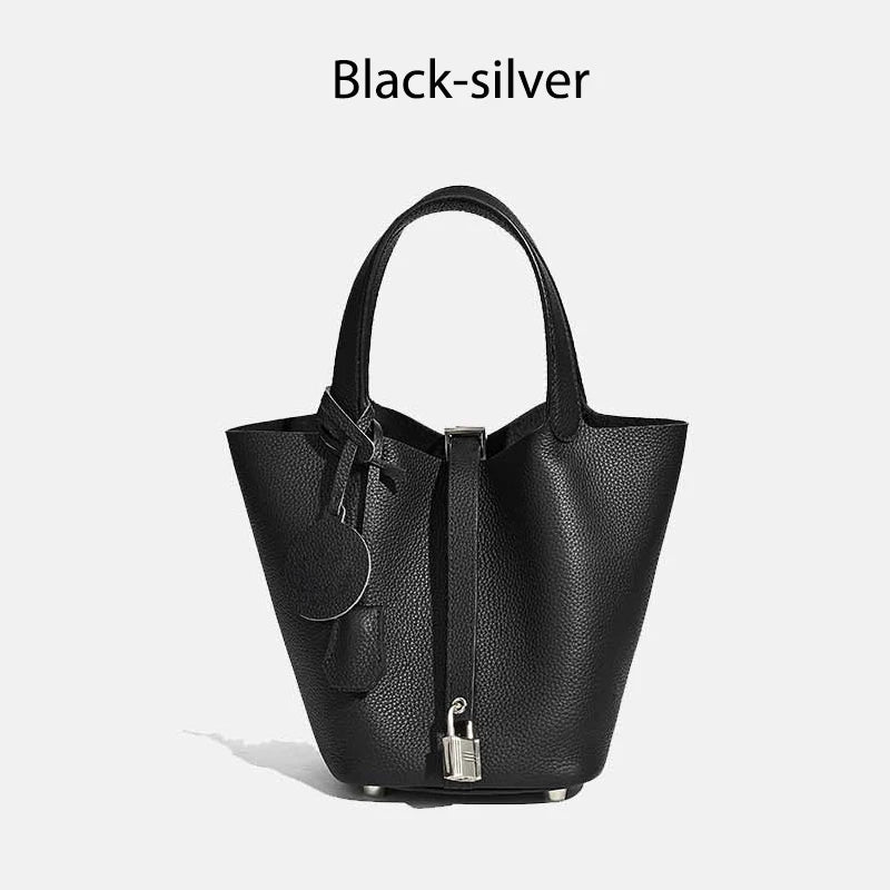 Women Leather Bucket Bag - Genuine Leather Handbag | Large Tote Bag With Silver Hardware