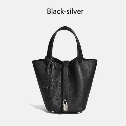 Women Leather Bucket Bag - Genuine Leather Handbag | Large Tote Bag With Silver Hardware