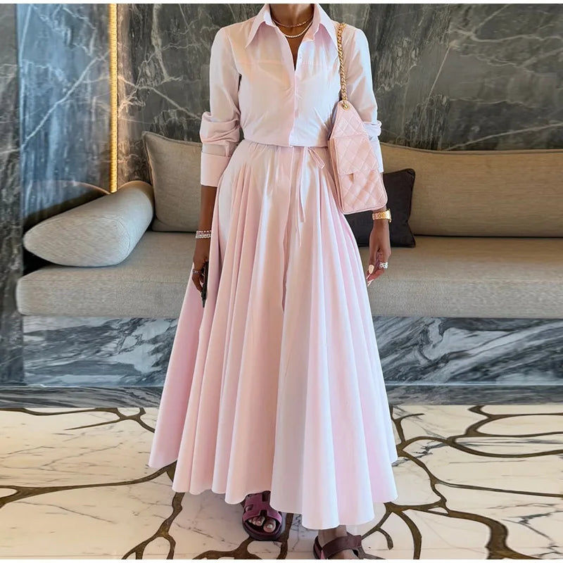 Women Summer Dress - Casual Striped Long Half Sleeve Slim Waist Mid-Calf Robe