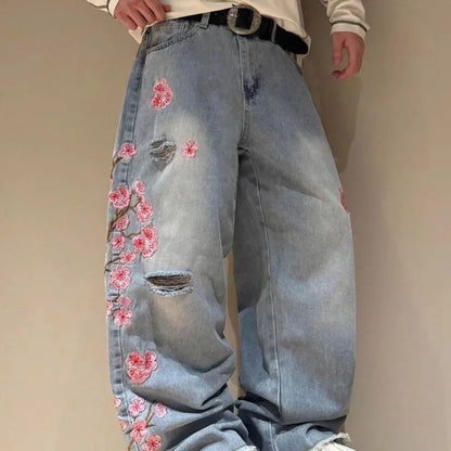 Cherry Blossom Selvedge Embroidery Denim Pants Y2K Retro Men Casual Baggy Straight Wide Leg Jeans High Quality Hiphop Streetwear