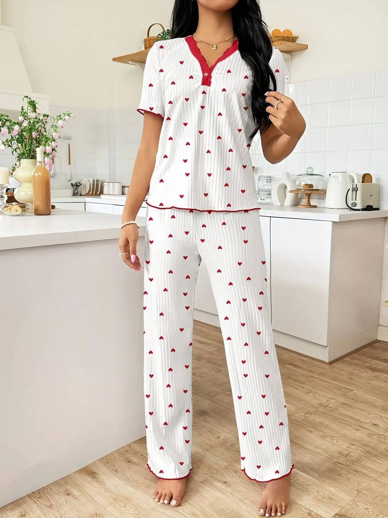 Autumn Winter Warm Pajamas Set for Women Sleepwear Sexy Heart Print Tops and Trouses Sets Comfortable Pyjama Loungewear