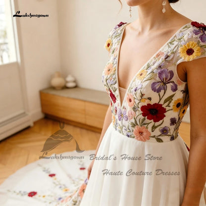 Lakshmigown Sexy Bohemian Bridal Gown A Line Chiffon Wedding Dress Floral Embroidery Lace Beach Bride Dresses 2026 New Arrival