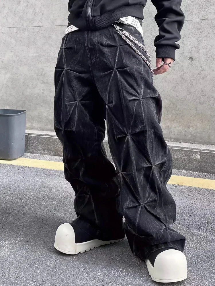 Mens Jeans Harajuku Y2K Streetwear Black Pleated Baggy Denim Pants High Street Hip Hop Wide Leg Loose Fit Casual Fashion Trend