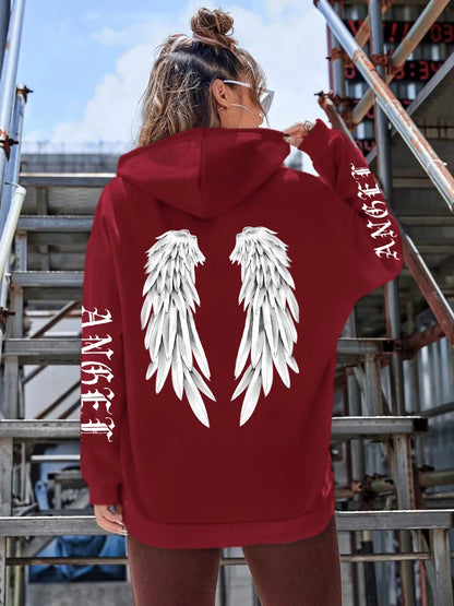 Angel Wings Printed Hoodie - Womens Warm Casual Hoody