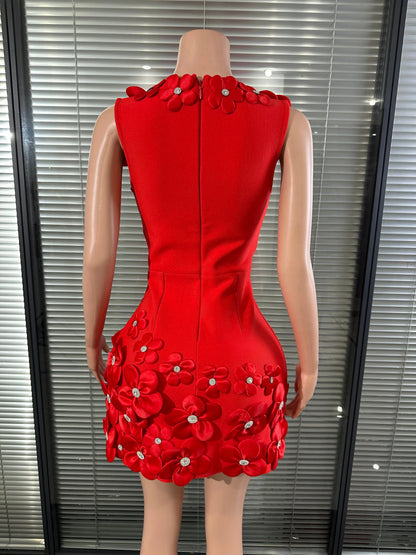 Glamorous Sexy Crystal 3D Flowers Emmbellished Deep V-neck Sleeveless High Waist Evening Party Bandage Mini Dress