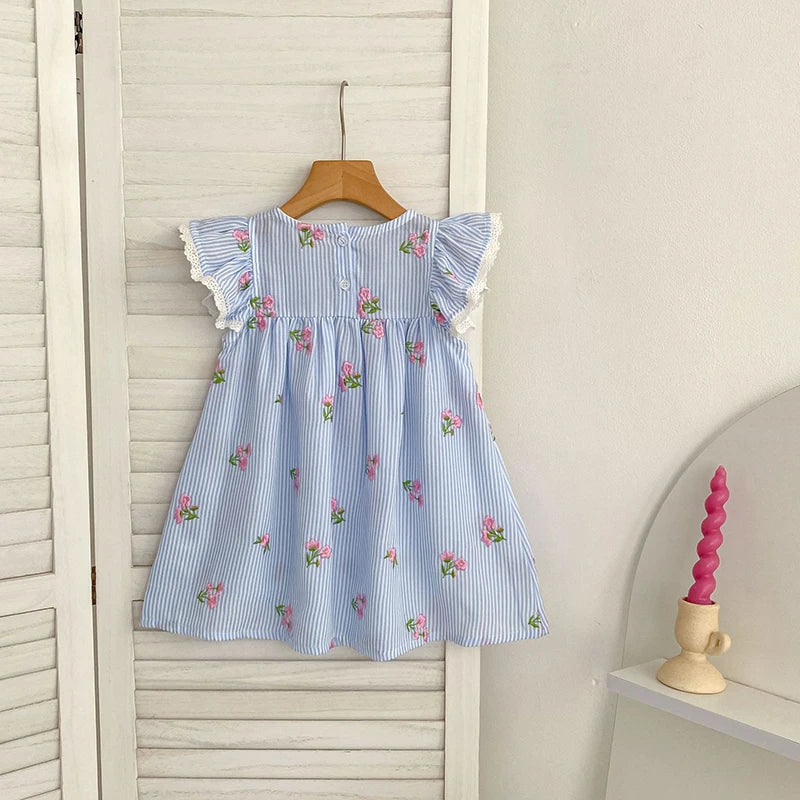 2026 New Summer 2-6Yrs Princess Round Neck Dress Striped Baby Girl Dress Flying Sleeve Cotton Embroidery Blue Sweet Dress