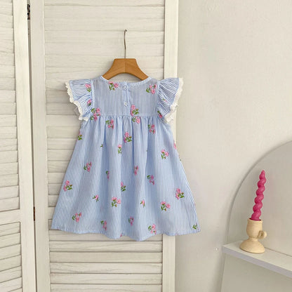 2026 New Summer 2-6Yrs Princess Round Neck Dress Striped Baby Girl Dress Flying Sleeve Cotton Embroidery Blue Sweet Dress