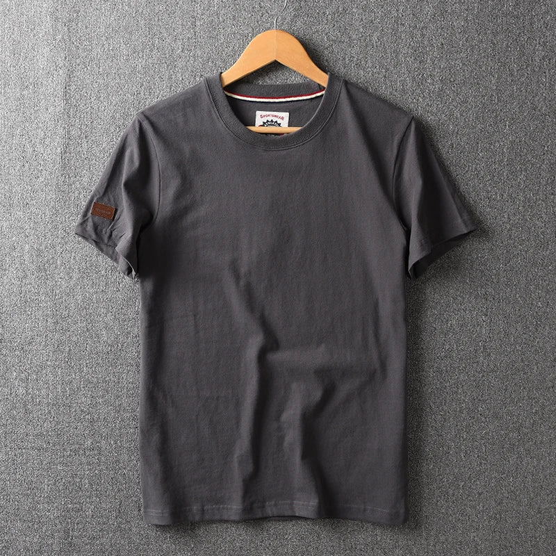Summer New American Retro Short-sleeved O-neck Solid Color T-shirt Men's Fashion Simple 100% Cotton Washed Casual Sport Tops