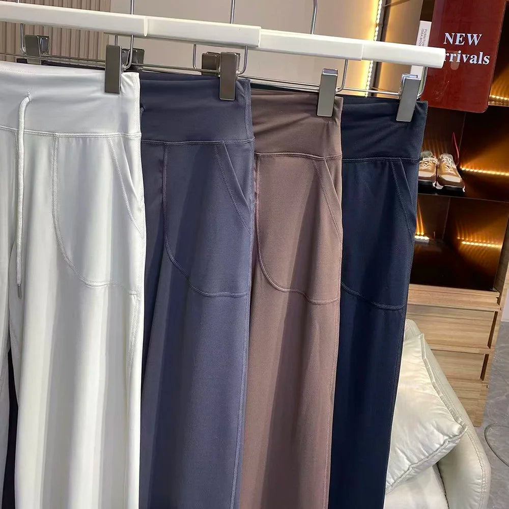 Women's Loose-Fit Sports Pants with Pockets, Straight-Leg High-Waist Athletic Fitness Pants, Yoga Pants, Pilates Trousers