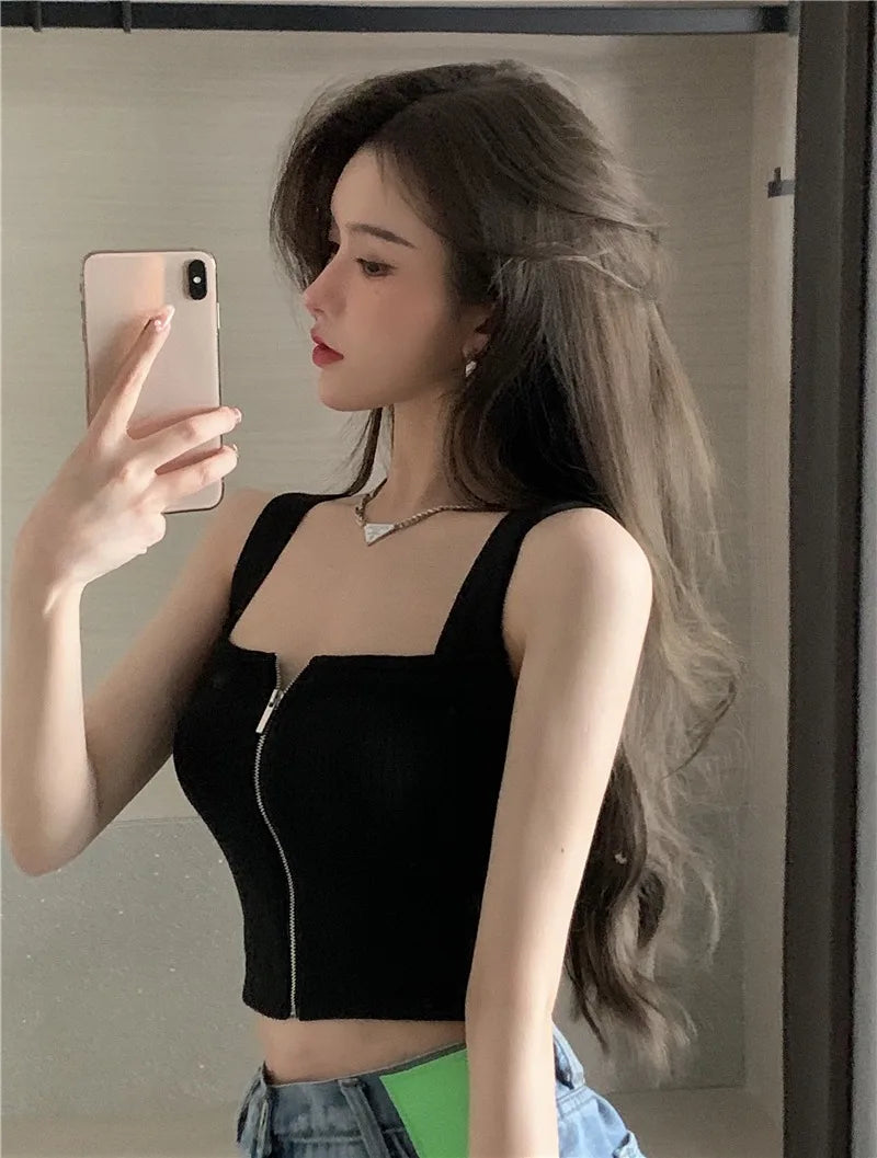 2025 Y2K Top Women Zipper Fly Camisoles Knitted Sexy Summer Tank Tops Sleeveless Female Solid Crop Top