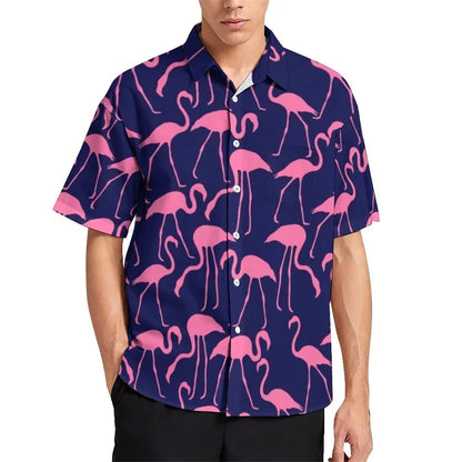 Birds Flamingo Parrot Hawaiian Shirts For Men 3D Printed Vacation Beach Shirt Trendy Short Sleeve Lapel Blouse Streetwear