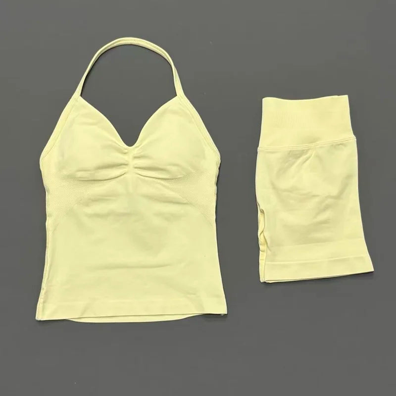 2Pcs HISTELLO Yoga Set Women Halter Tank Top Scrunch Butt Lifting Shorts Ruched Anti Chafe Quick Dry Gym Workout Sports Set