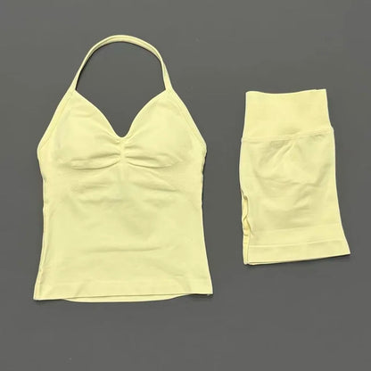 2Pcs HISTELLO Yoga Set Women Halter Tank Top Scrunch Butt Lifting Shorts Ruched Anti Chafe Quick Dry Gym Workout Sports Set
