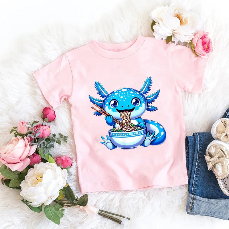 Axolotl Kawaii T Shirt Kid Summer Fashion T Shirt Children Streetwear Boba Axolotl Anime Casual Child Clothing Bithday Tshirts