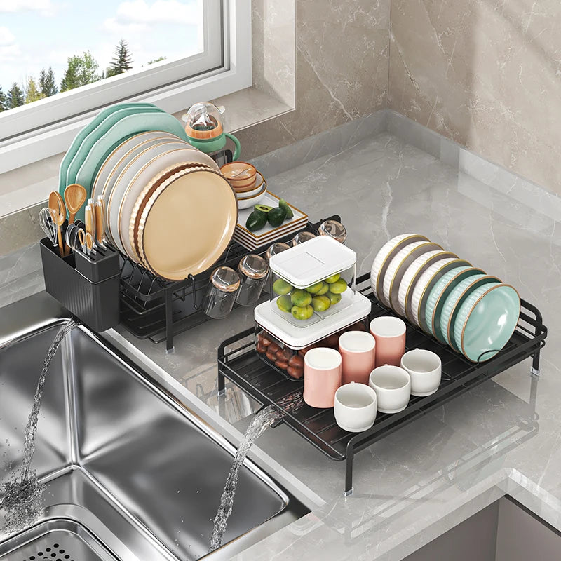 Expandable Dish Rack - Adjustable Kitchen Countertop Organizer with Utensil & Cup Holders
