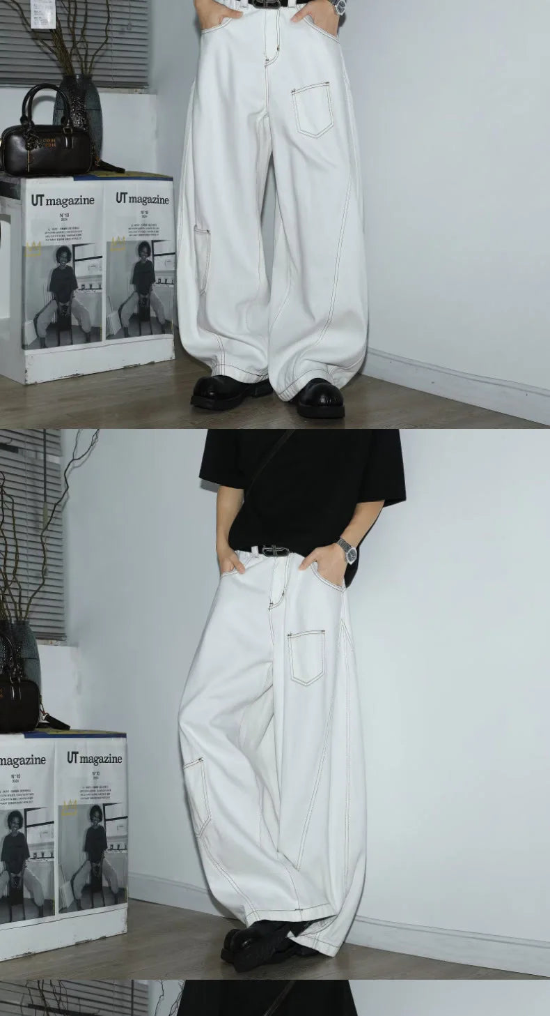 Y2K Men's Jeans White High-Waisted Wide-Leg Denim Pants Retro Baggy Style Fashion Loose Fit Casual Denim Trousers Streetwear