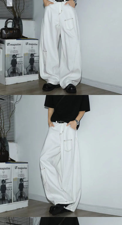 Y2K Men's Jeans White High-Waisted Wide-Leg Denim Pants Retro Baggy Style Fashion Loose Fit Casual Denim Trousers Streetwear