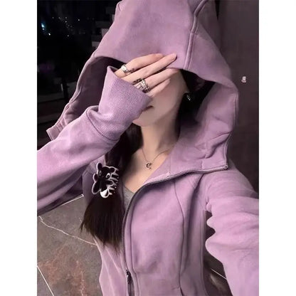 Streetwear Black Hoodie Coat 2025 Women's Clothing Hooded Zipper Slim Fit Y2k Jackets Casual Fashion Sweatshirts Tops Ropa Mujer