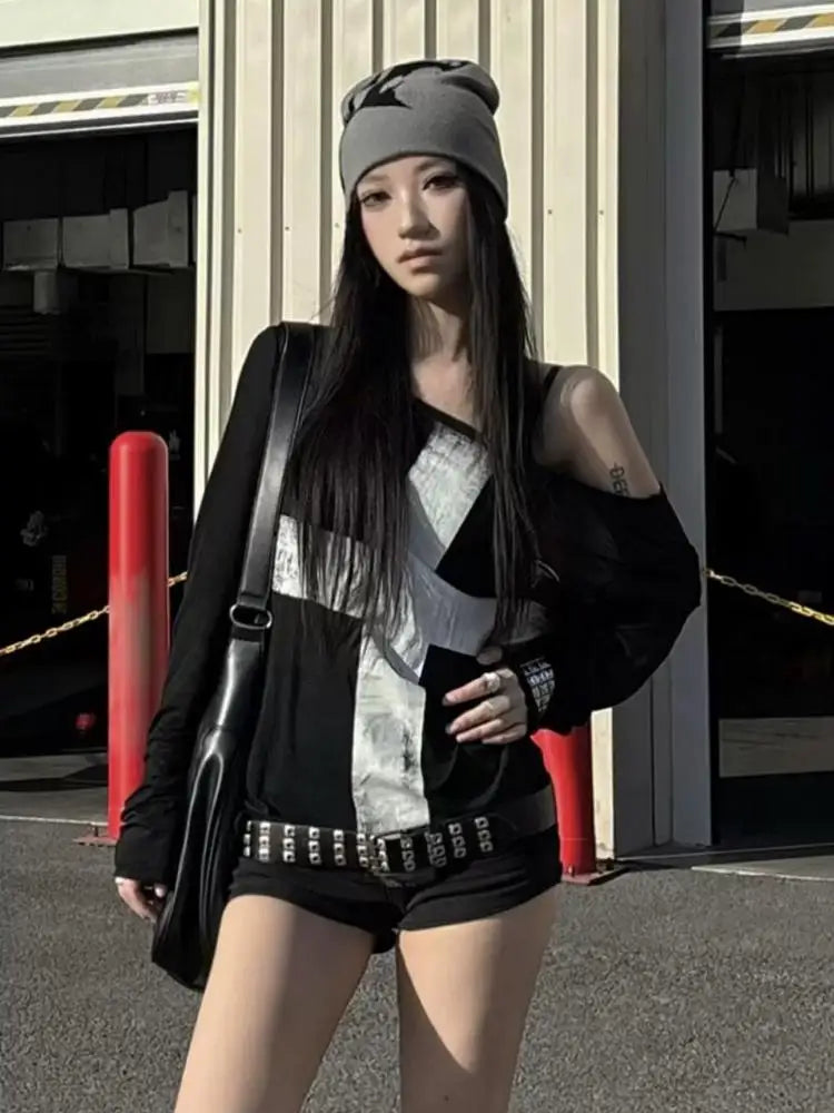 Seeslim Print Cross Graphic T Shirts Woman Long Sleeve Blck Goth Autumn Spring Tops Tees Female Clothing 2000s Clothes Y2k Chic
