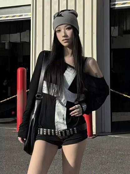 Seeslim Print Cross Graphic T Shirts Woman Long Sleeve Blck Goth Autumn Spring Tops Tees Female Clothing 2000s Clothes Y2k Chic
